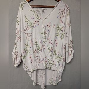 Daisy White Floral Wrap Blouse with Green & Pink Accents